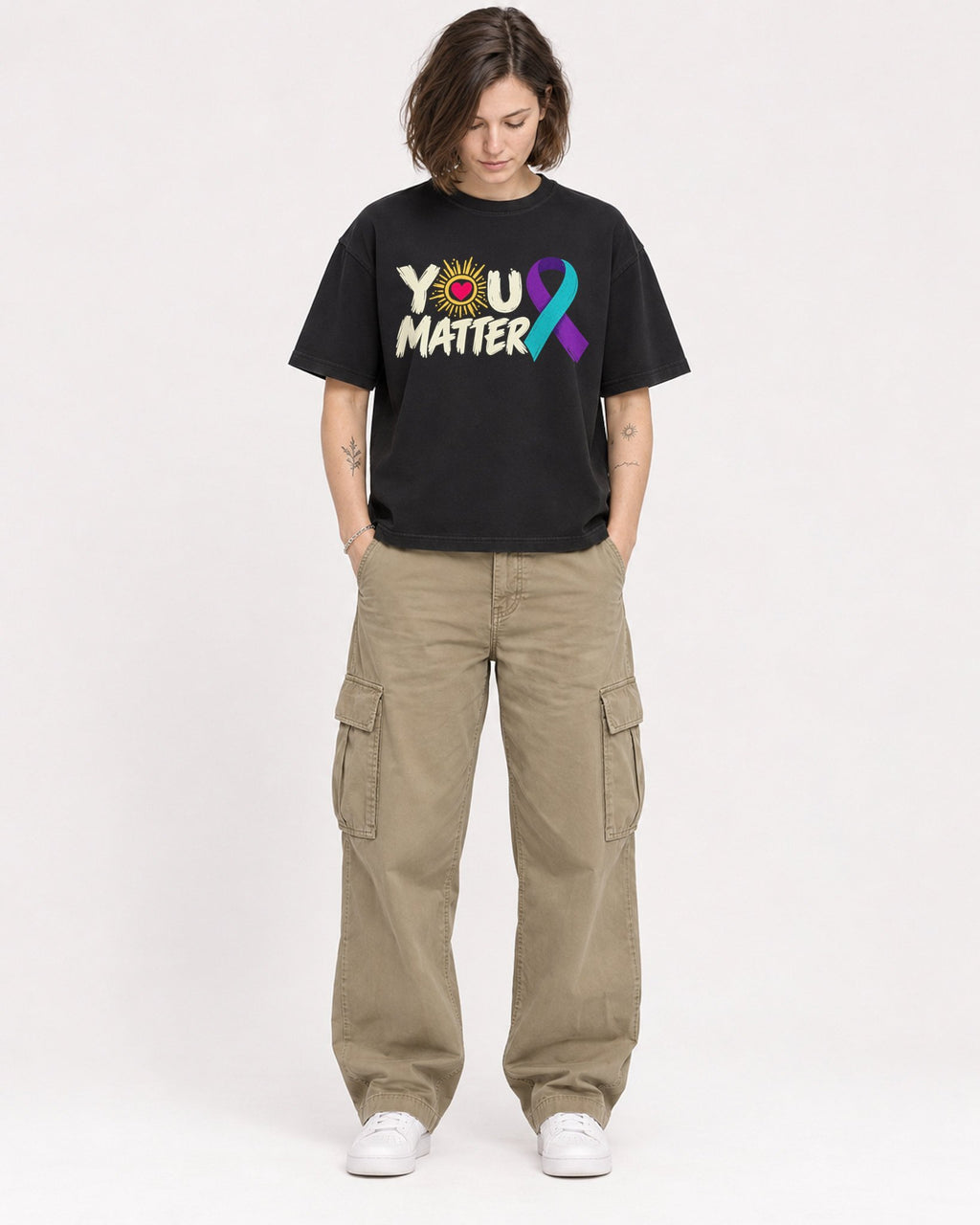 Mockup Boxy Heavyweight Tee Black female full-body 18