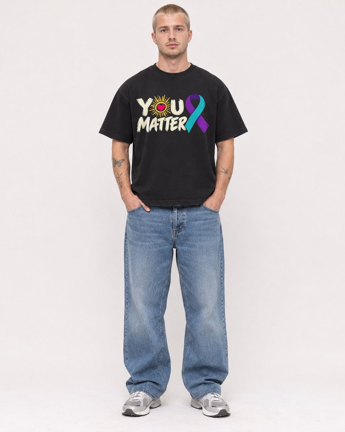 Mockup Boxy Heavyweight Tee Black male full-body 18