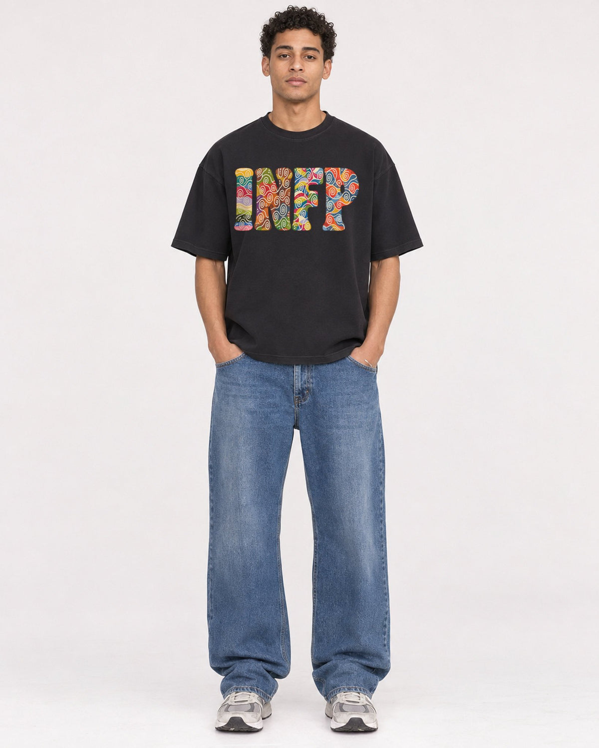Mockup Boxy Heavyweight Tee Black male full-body 10