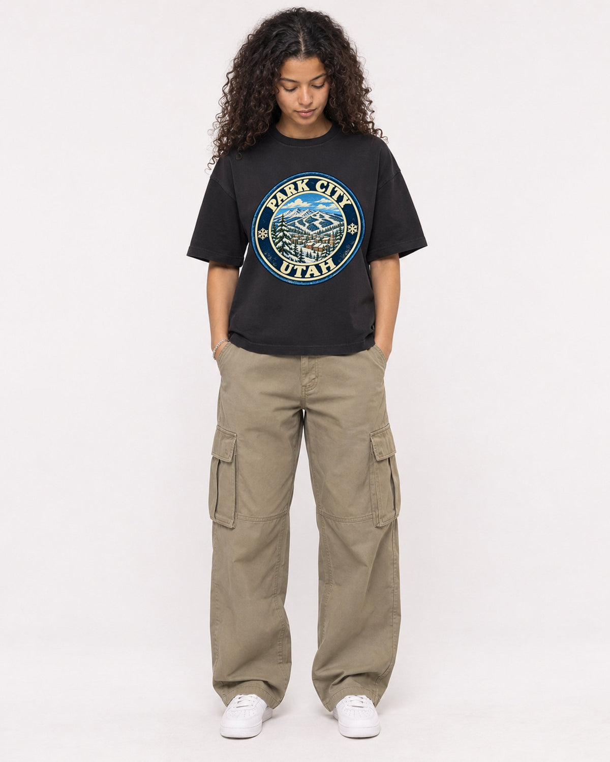 Mockup Boxy Heavyweight Tee Black female full-body 10