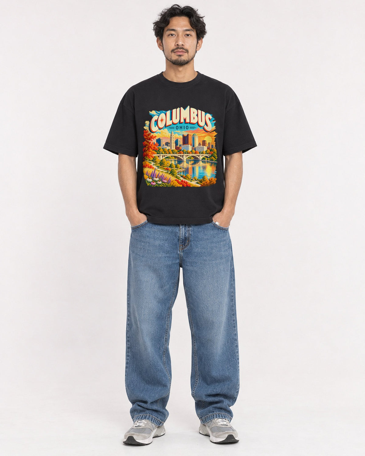 Mockup Boxy Heavyweight Tee Black male full-body 02