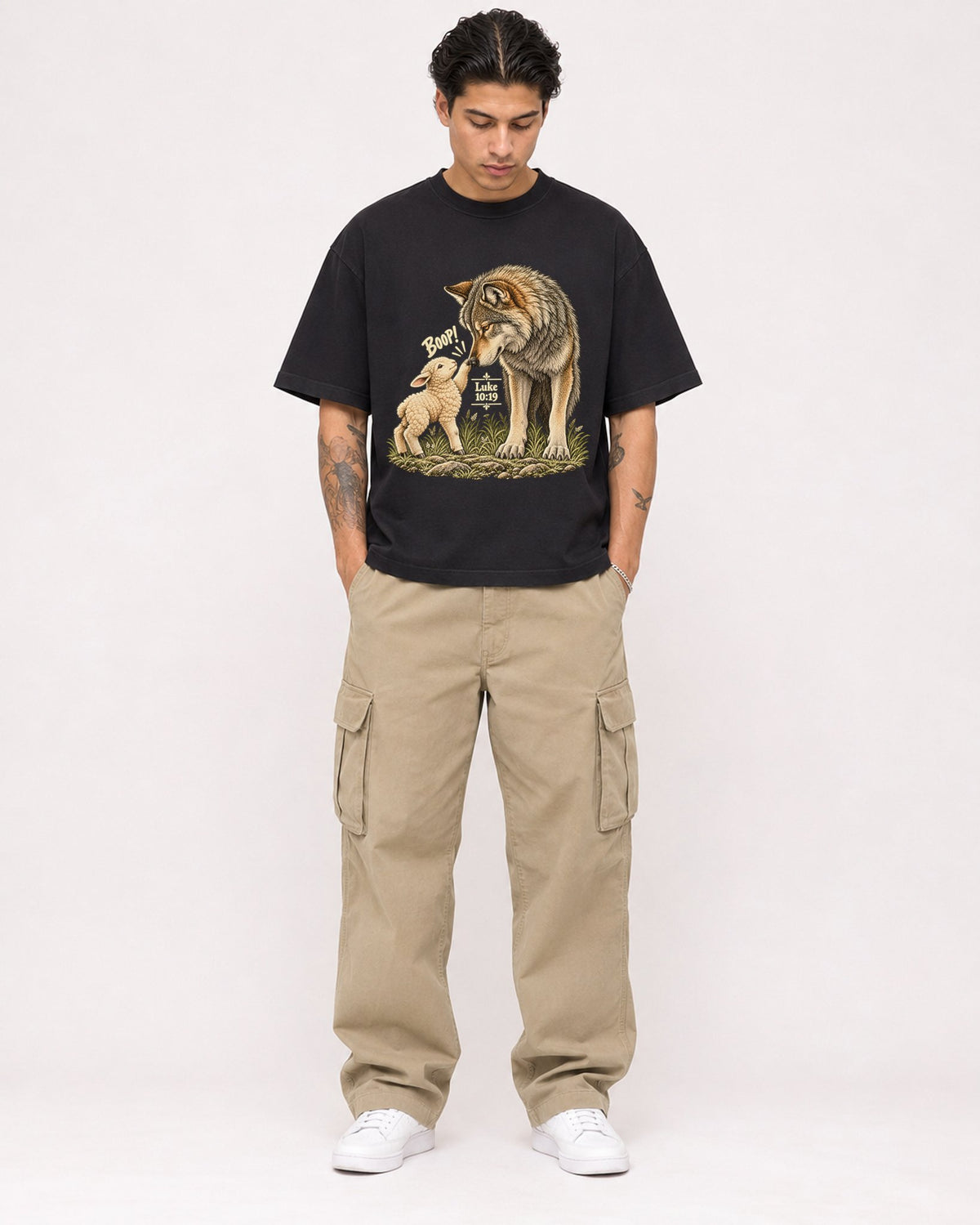 Mockup Boxy Heavyweight Tee Black male full-body 36