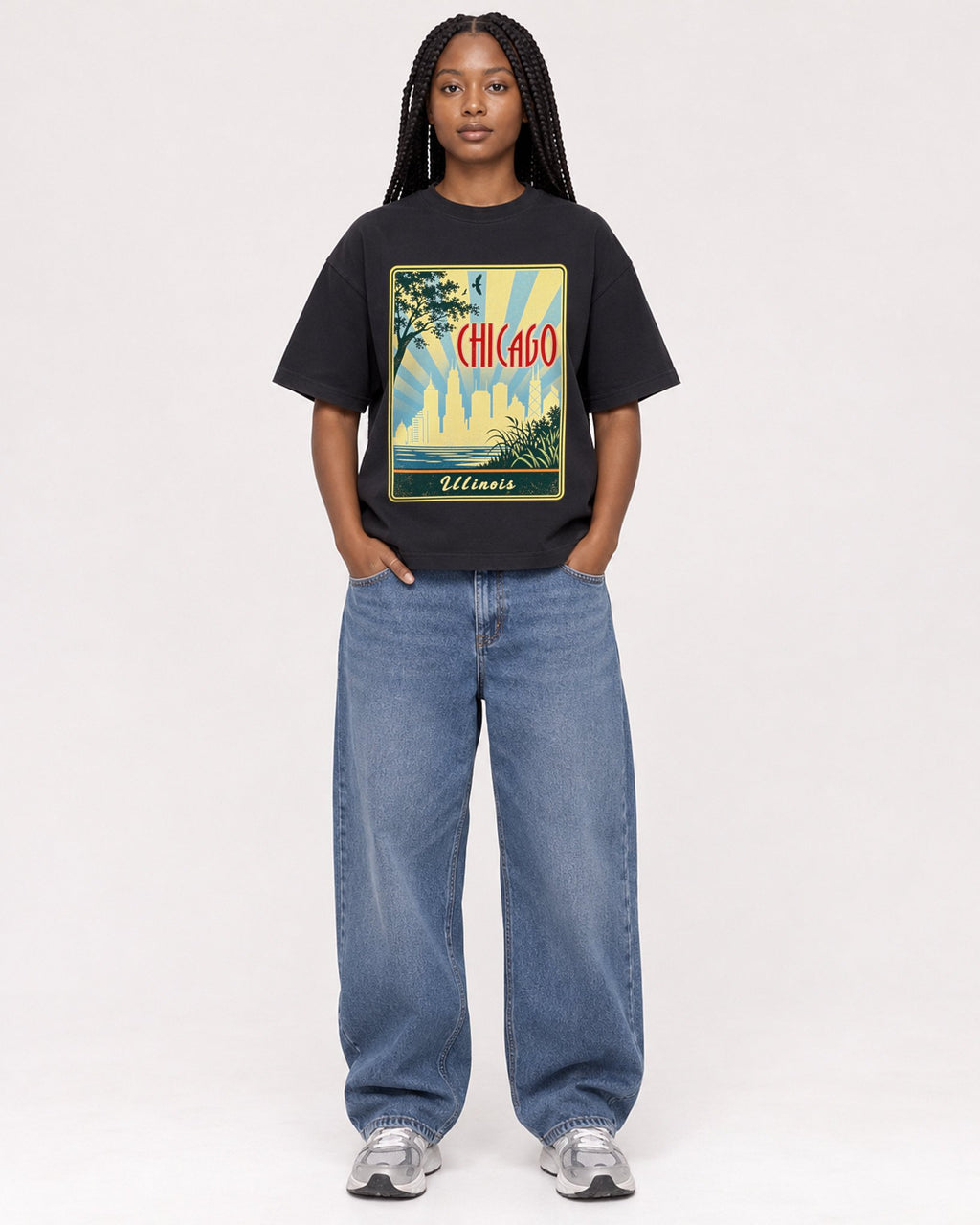 Mockup Boxy Heavyweight Tee Black female full-body 04