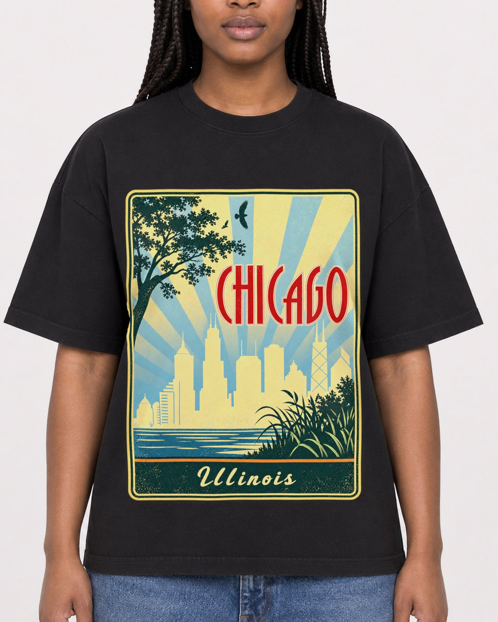 Mockup Boxy Heavyweight Tee Black female close-up 04