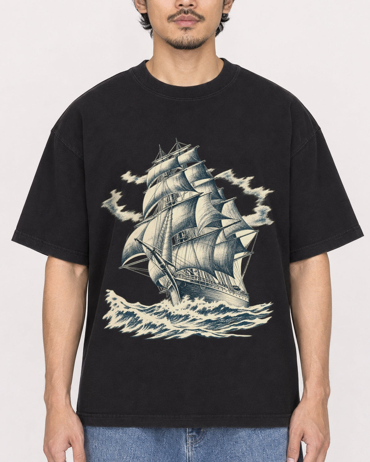 Mockup Boxy Heavyweight Tee Black male close-up 02