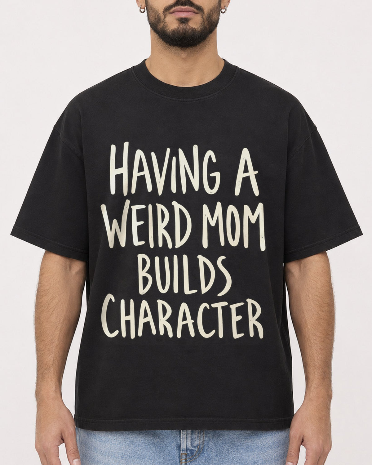 Mockup Boxy Heavyweight Tee Black male close-up 37