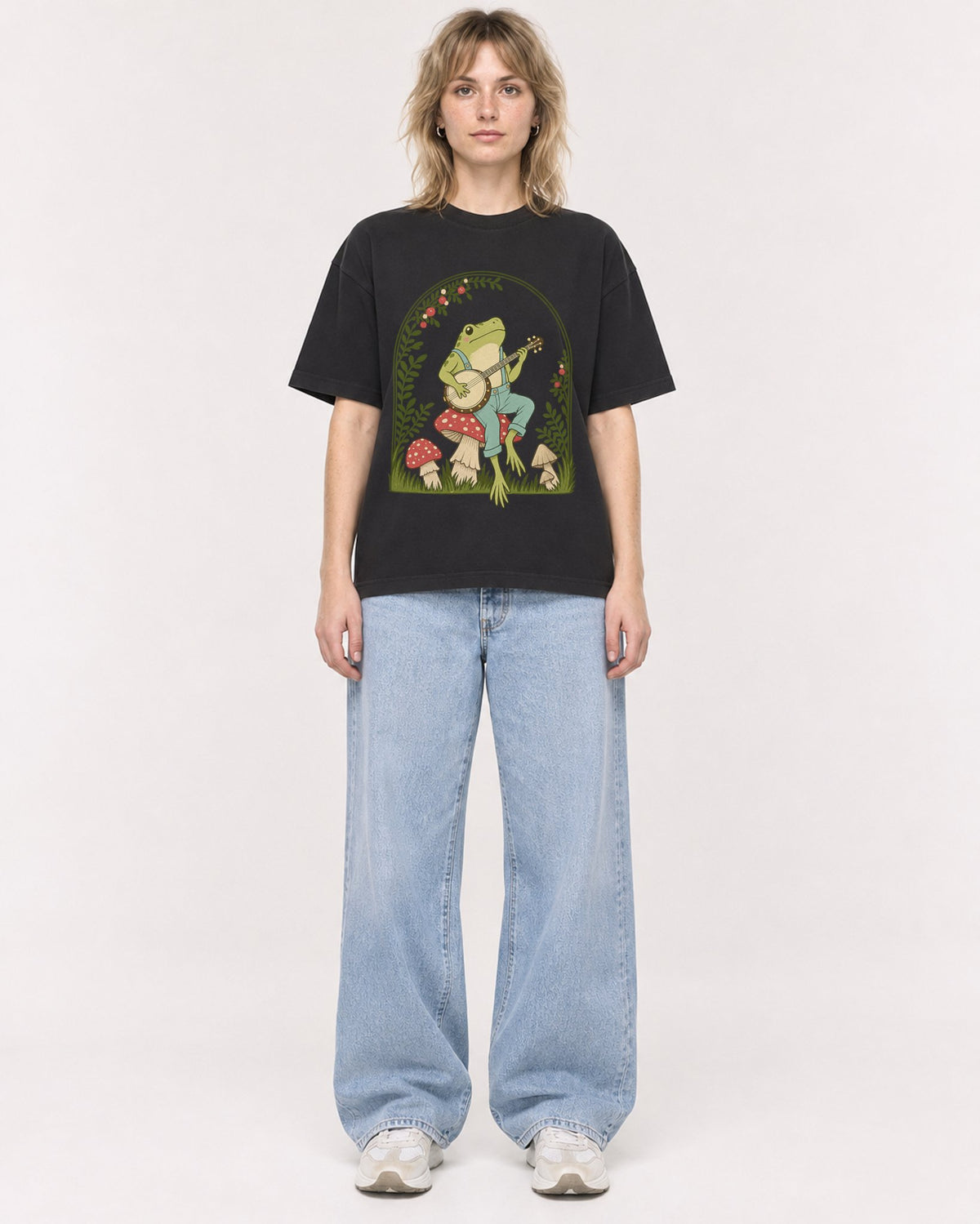 Mockup Boxy Heavyweight Tee Black female full-body 19