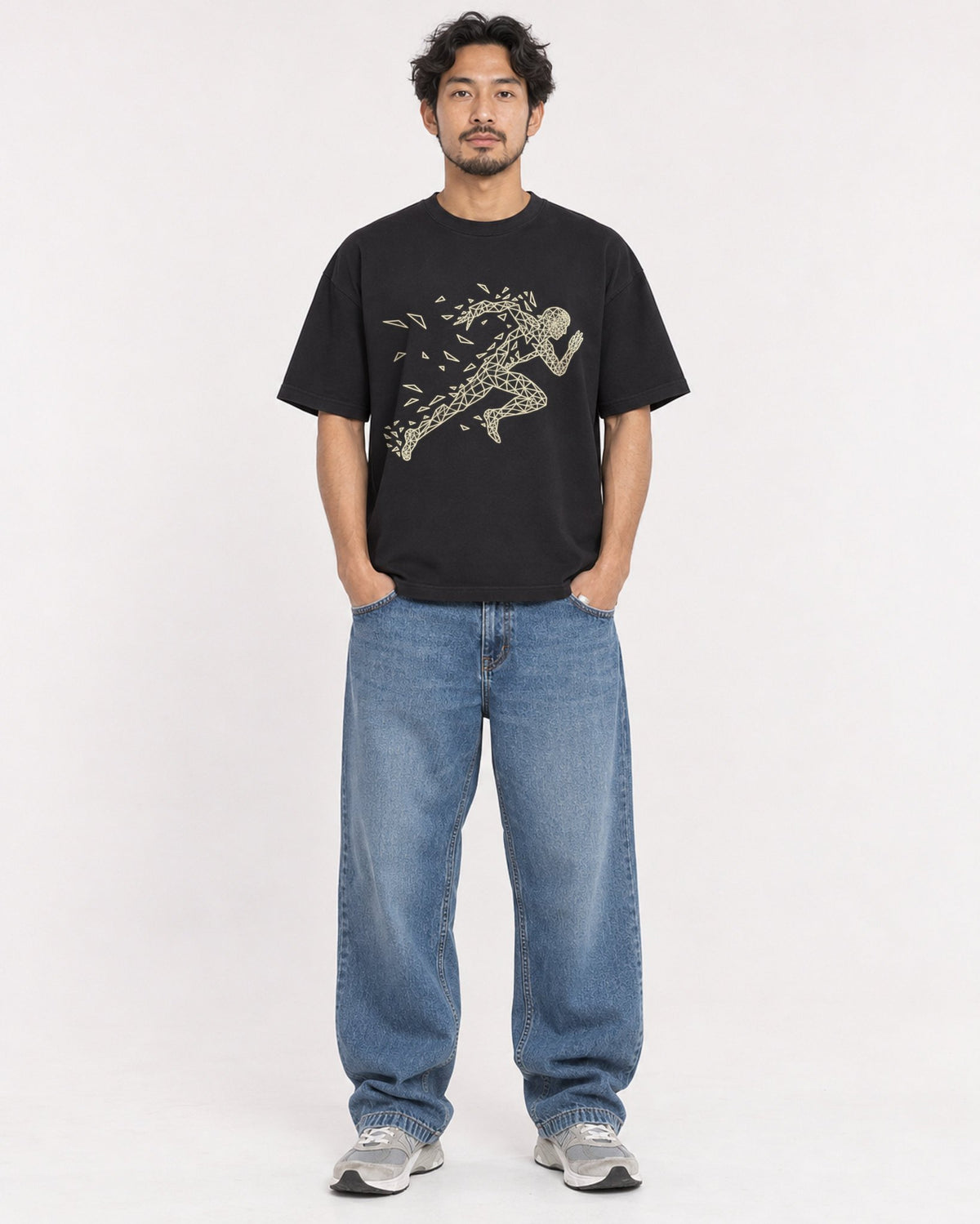 Mockup Boxy Heavyweight Tee Black male full-body 02