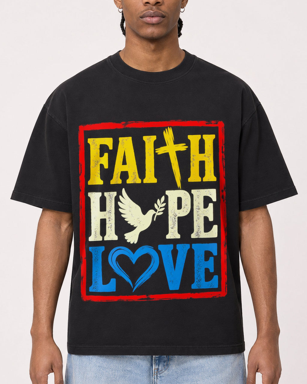 Mockup Boxy Heavyweight Tee Black male close-up 25
