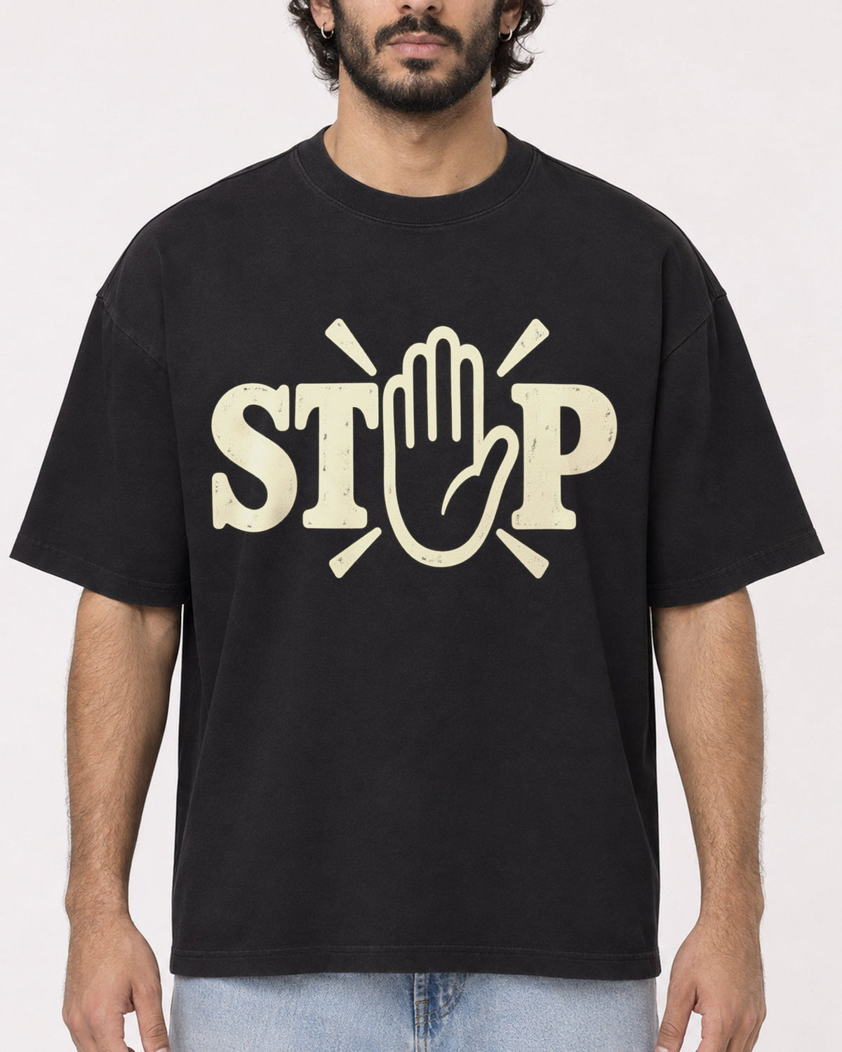 Mockup Boxy Heavyweight Tee Black male close-up 17