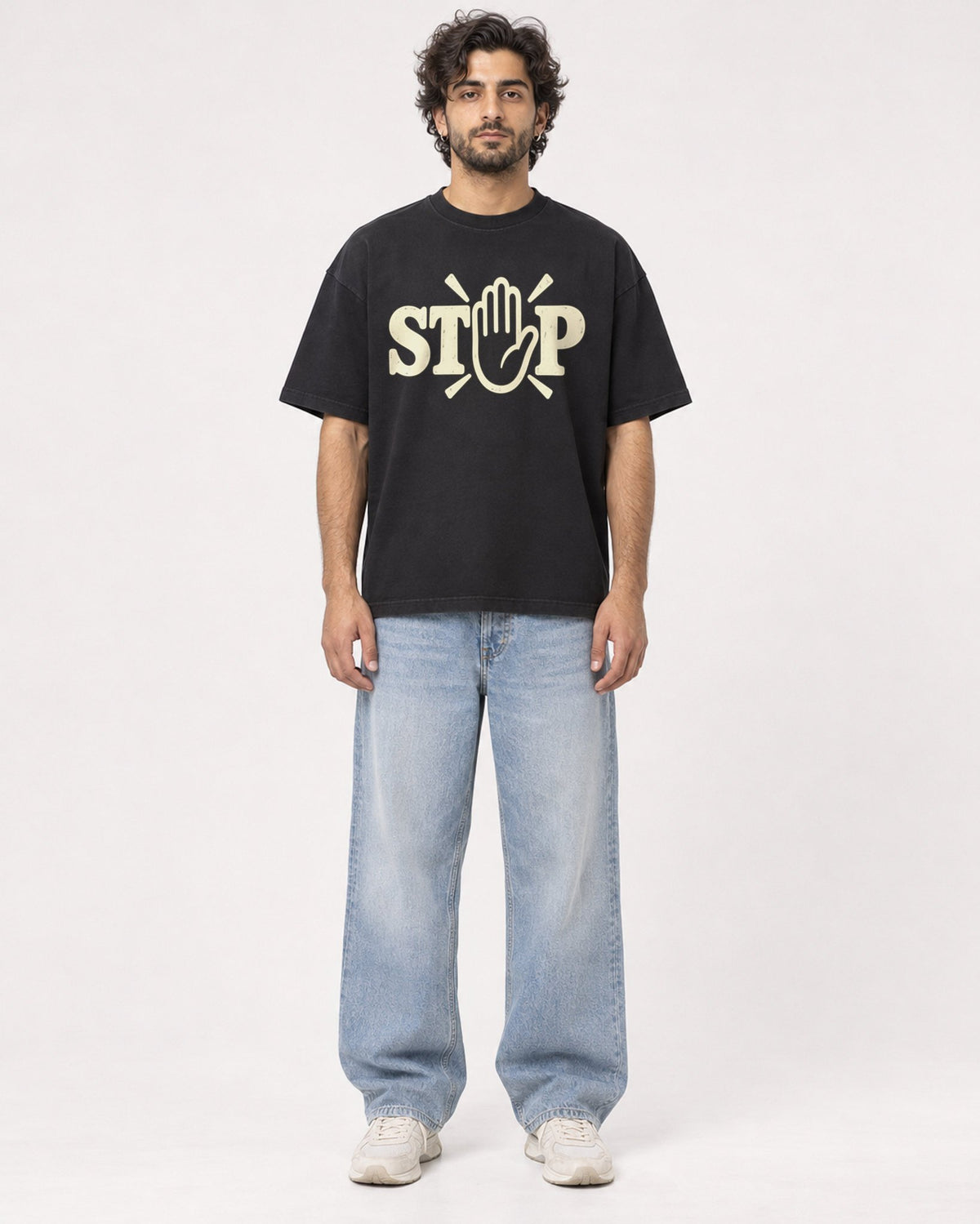 Mockup Boxy Heavyweight Tee Black male full-body 17