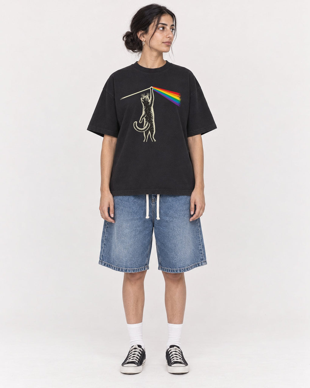 Mockup Boxy Heavyweight Tee Black female full-body 17