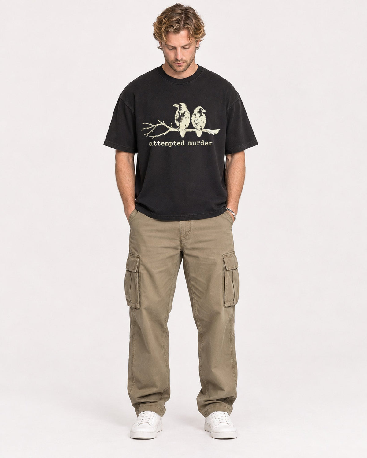 Mockup Boxy Heavyweight Tee Black male full-body 28