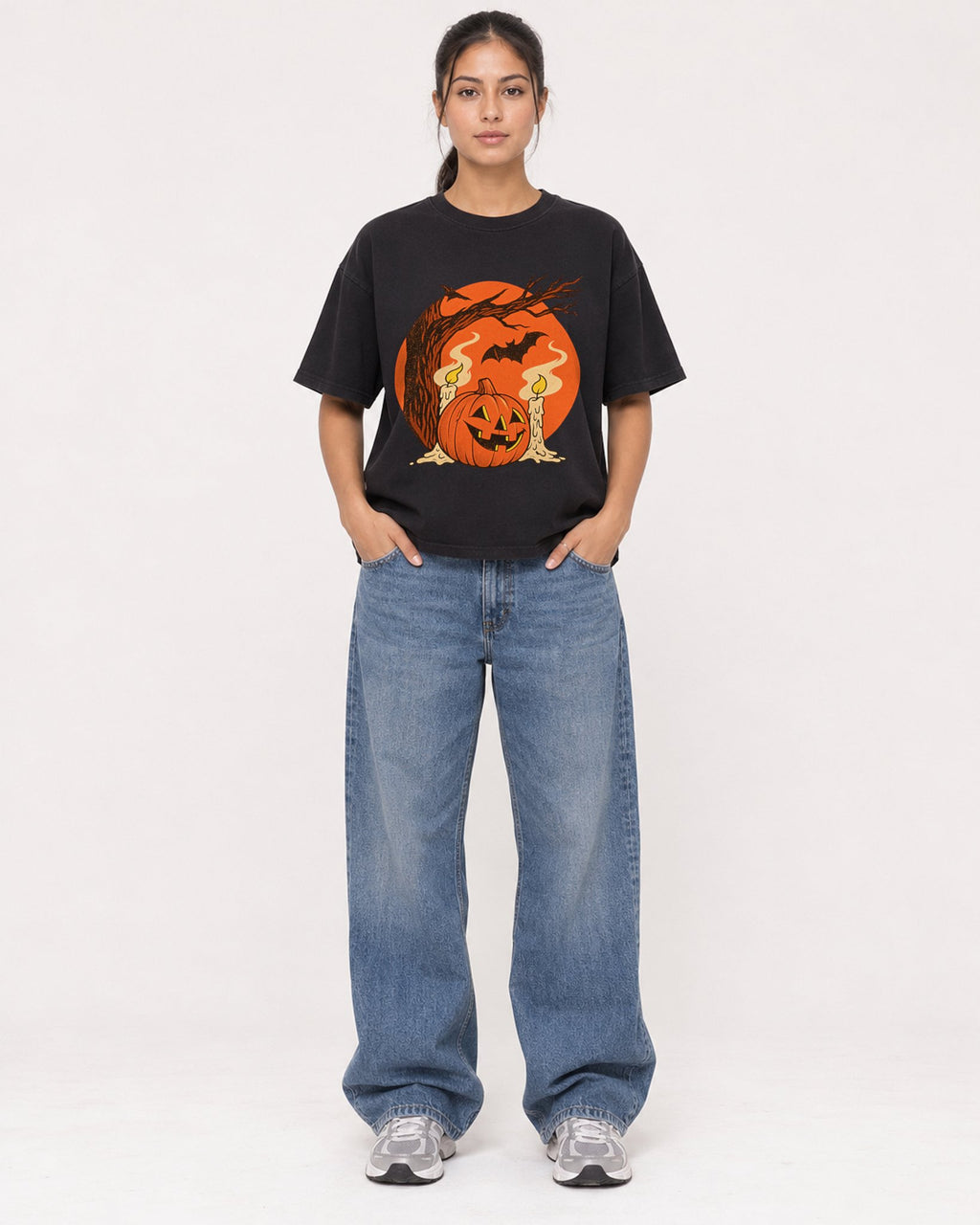 Mockup Boxy Heavyweight Tee Black female full-body 16