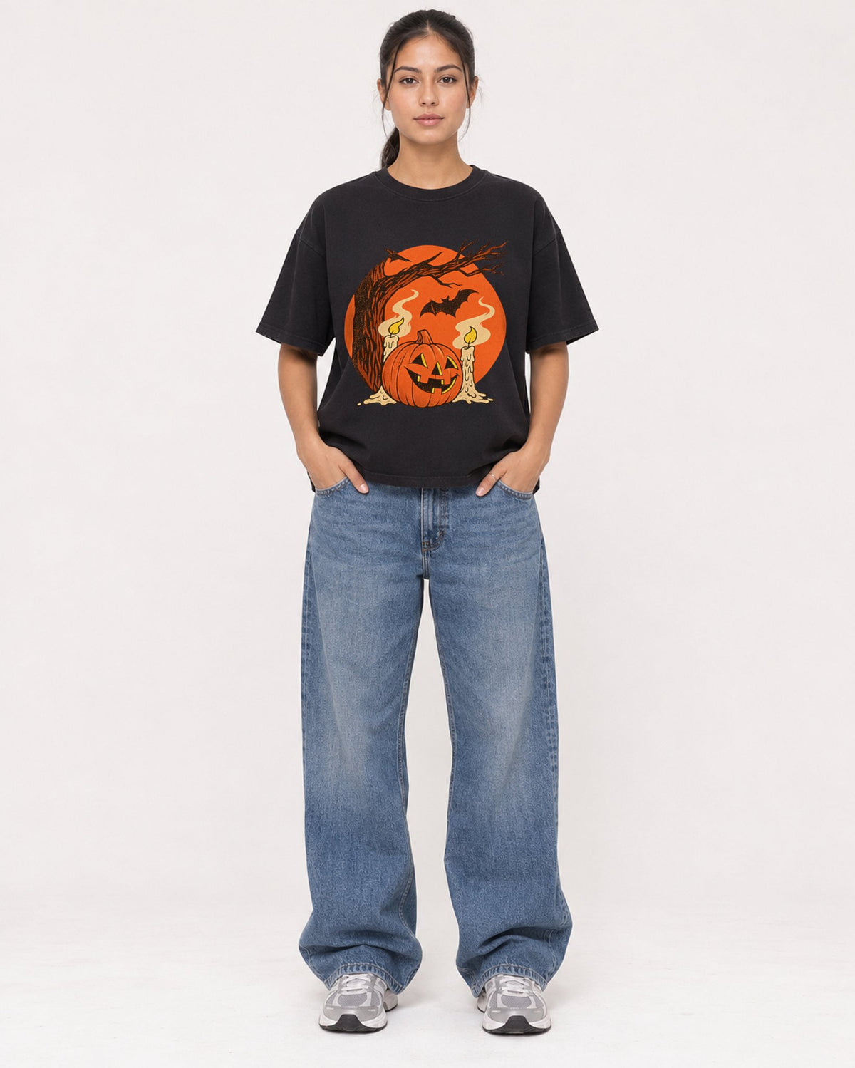 Mockup Boxy Heavyweight Tee Black female full-body 16