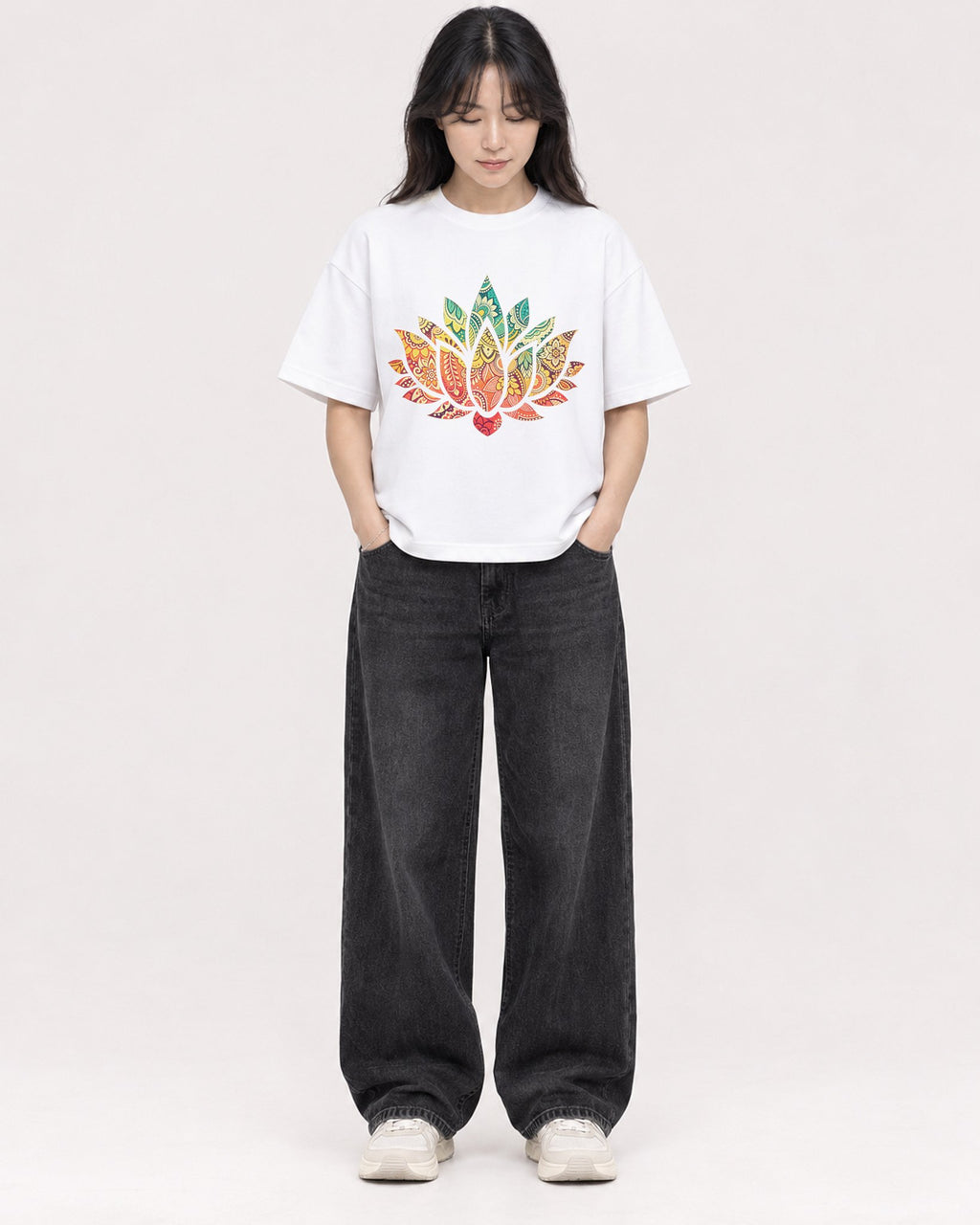 Mockup Boxy Heavyweight Tee White female full-body 13