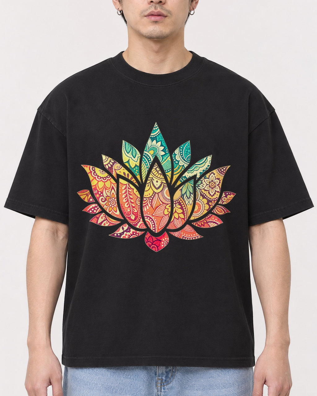 Mockup Boxy Heavyweight Tee Black male close-up 13