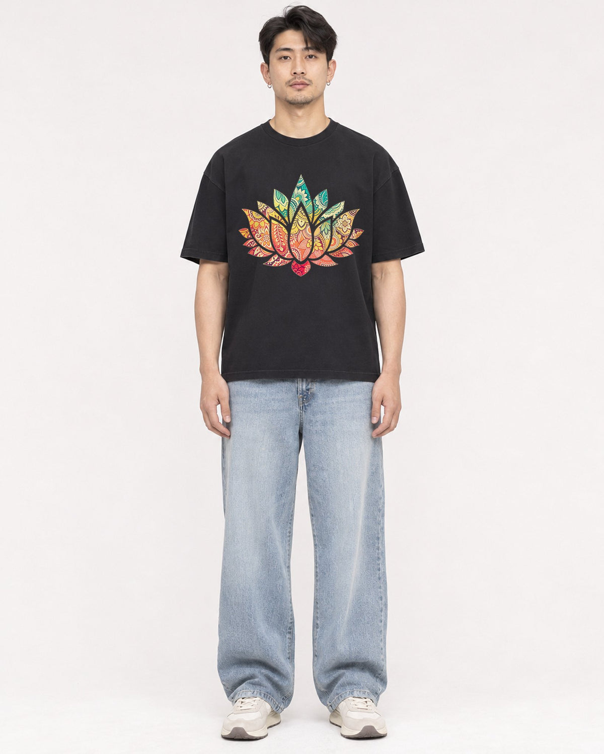 Mockup Boxy Heavyweight Tee Black male full-body 13