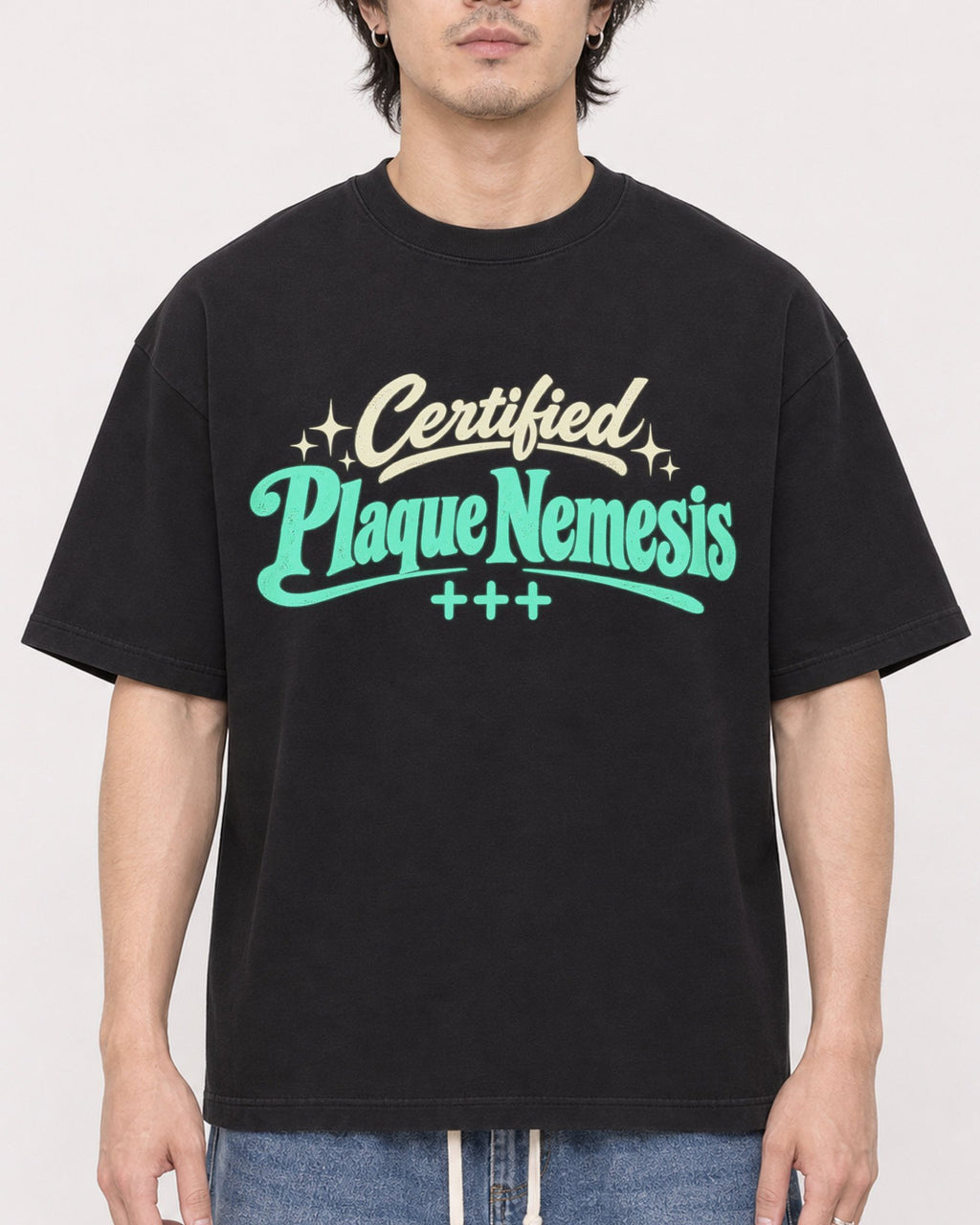 Mockup Boxy Heavyweight Tee Black male close-up 03
