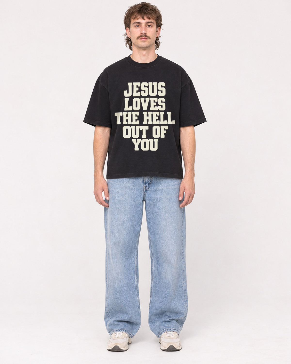 Mockup Boxy Heavyweight Tee Black male full-body 29