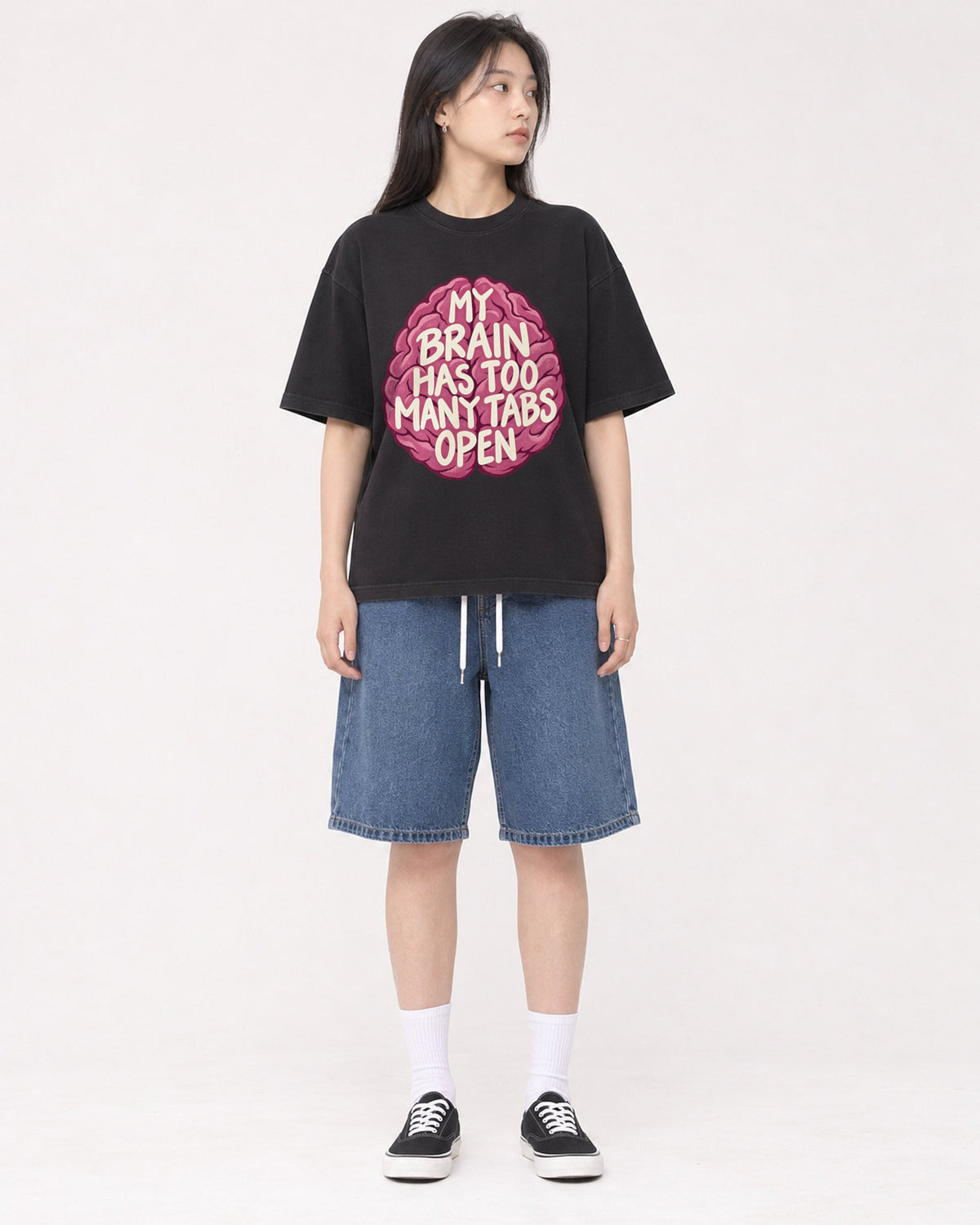 Mockup Boxy Heavyweight Tee Black female full-body 01