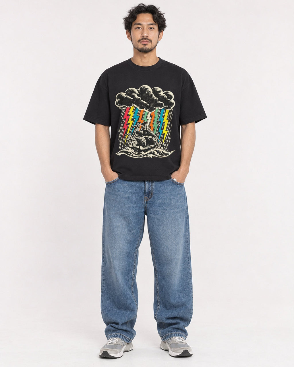 Mockup Boxy Heavyweight Tee Black male full-body 02