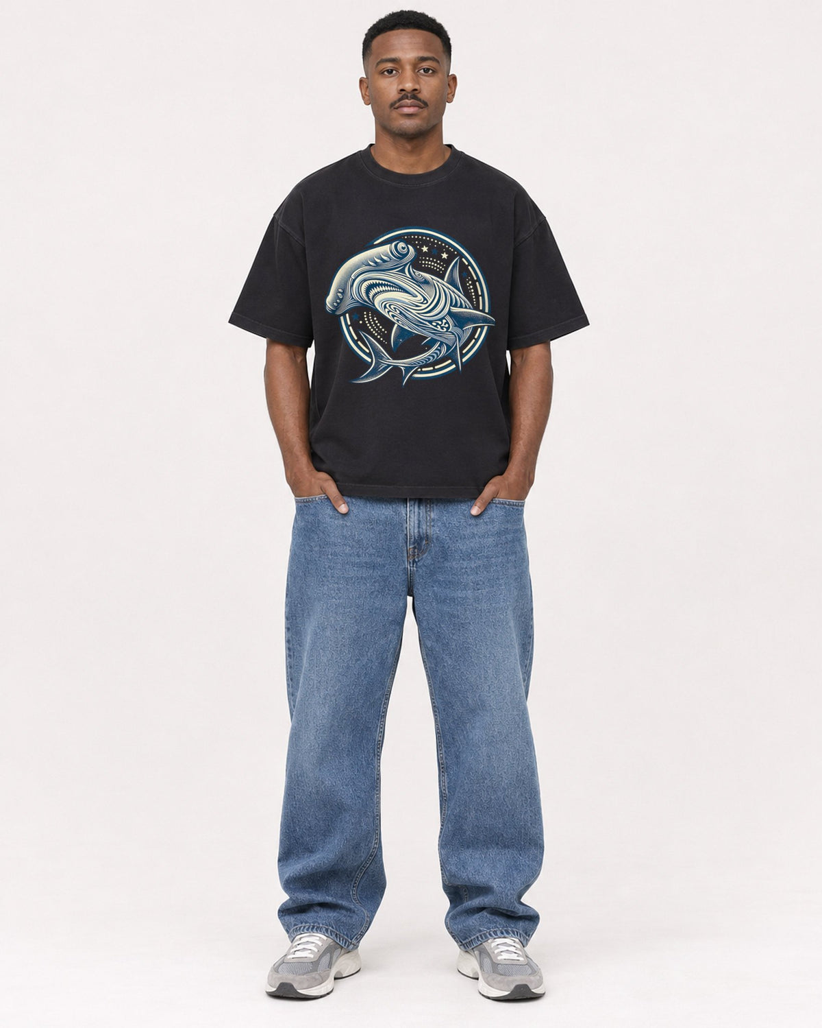 Mockup Boxy Heavyweight Tee Black male full-body 14