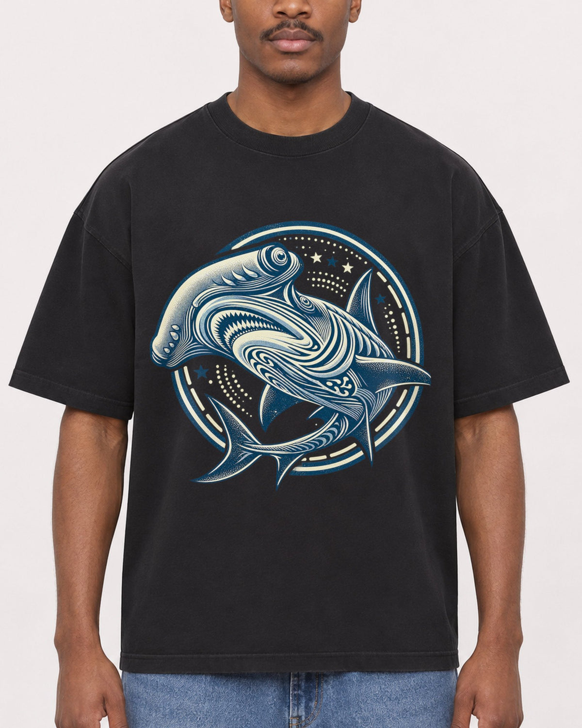 Mockup Boxy Heavyweight Tee Black male close-up 14