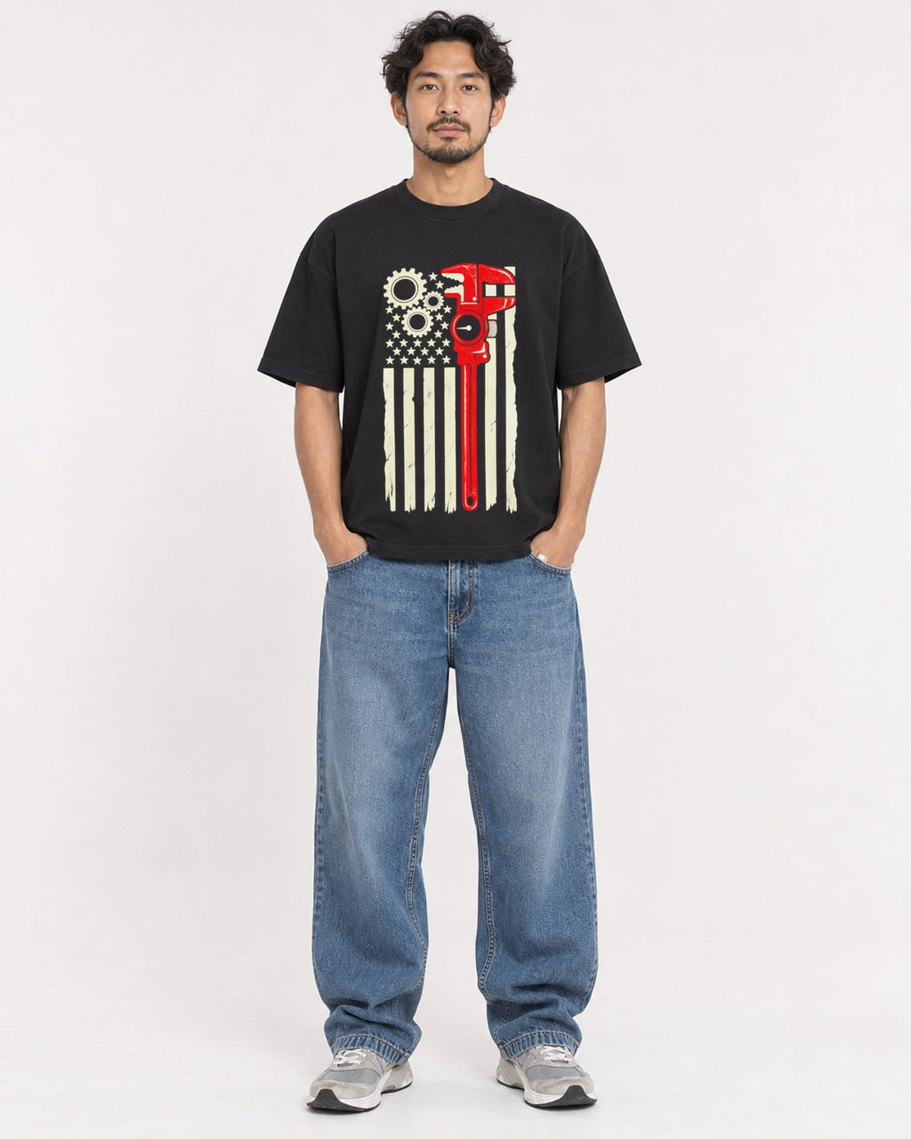 Mockup Boxy Heavyweight Tee Black male full-body 02