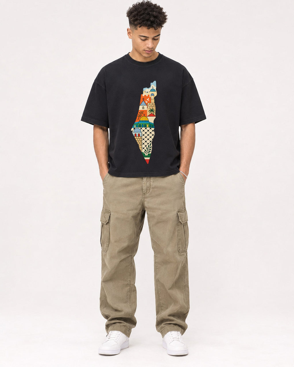 Mockup Boxy Heavyweight Tee Black male full-body 20