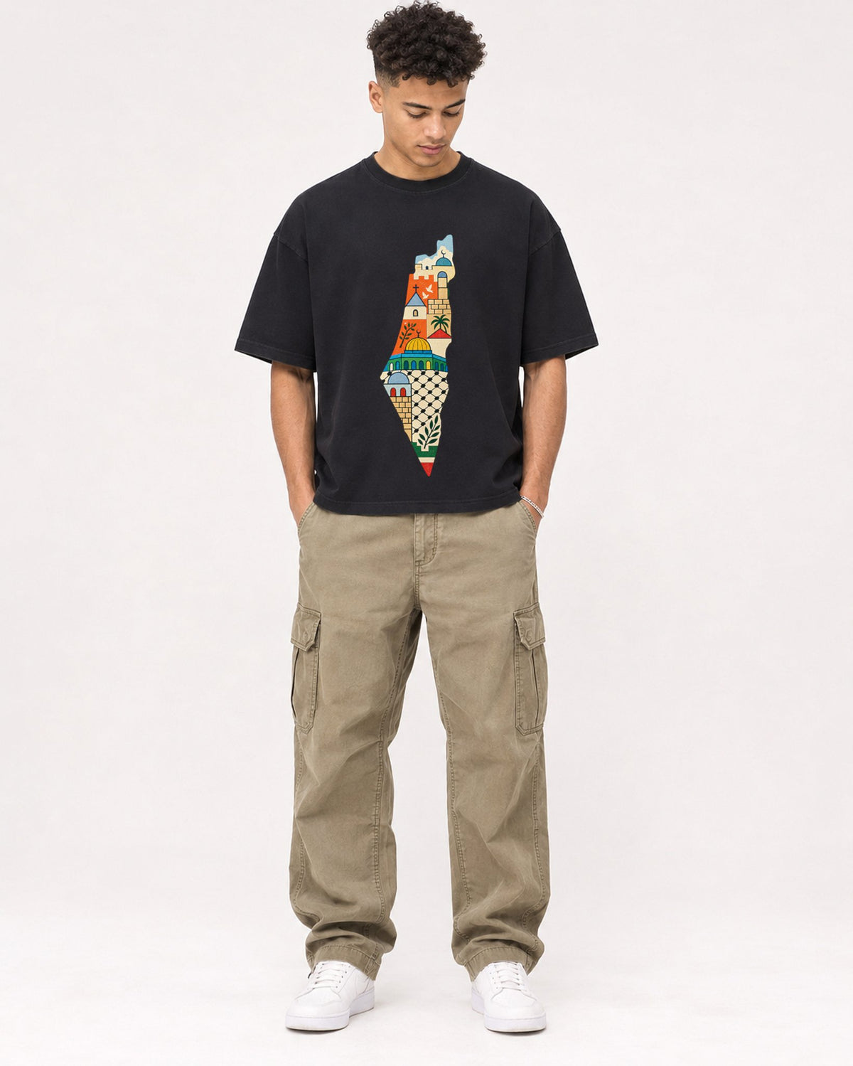 Mockup Boxy Heavyweight Tee Black male full-body 20