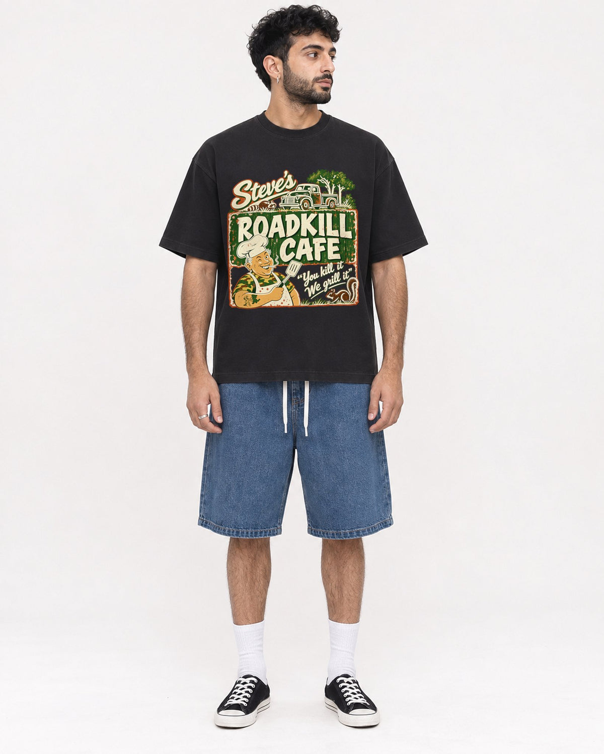 Mockup Boxy Heavyweight Tee Black male full-body 07