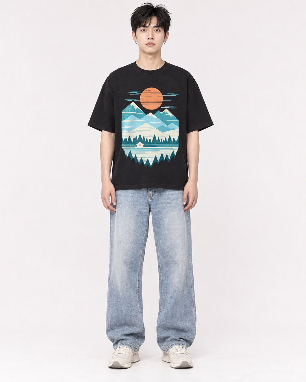 Mockup Boxy Heavyweight Tee Black male full-body 01