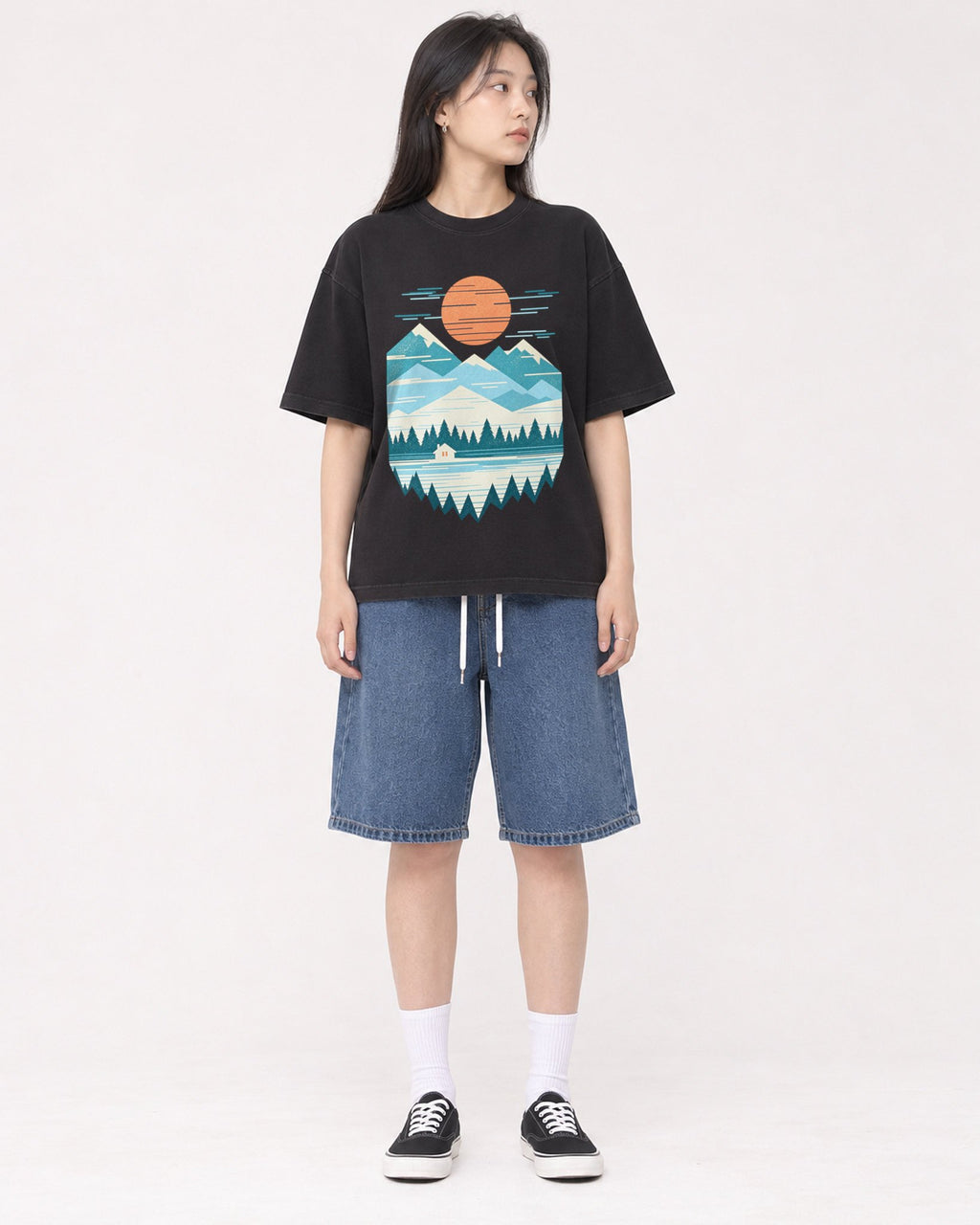 Mockup Boxy Heavyweight Tee Black female full-body 01
