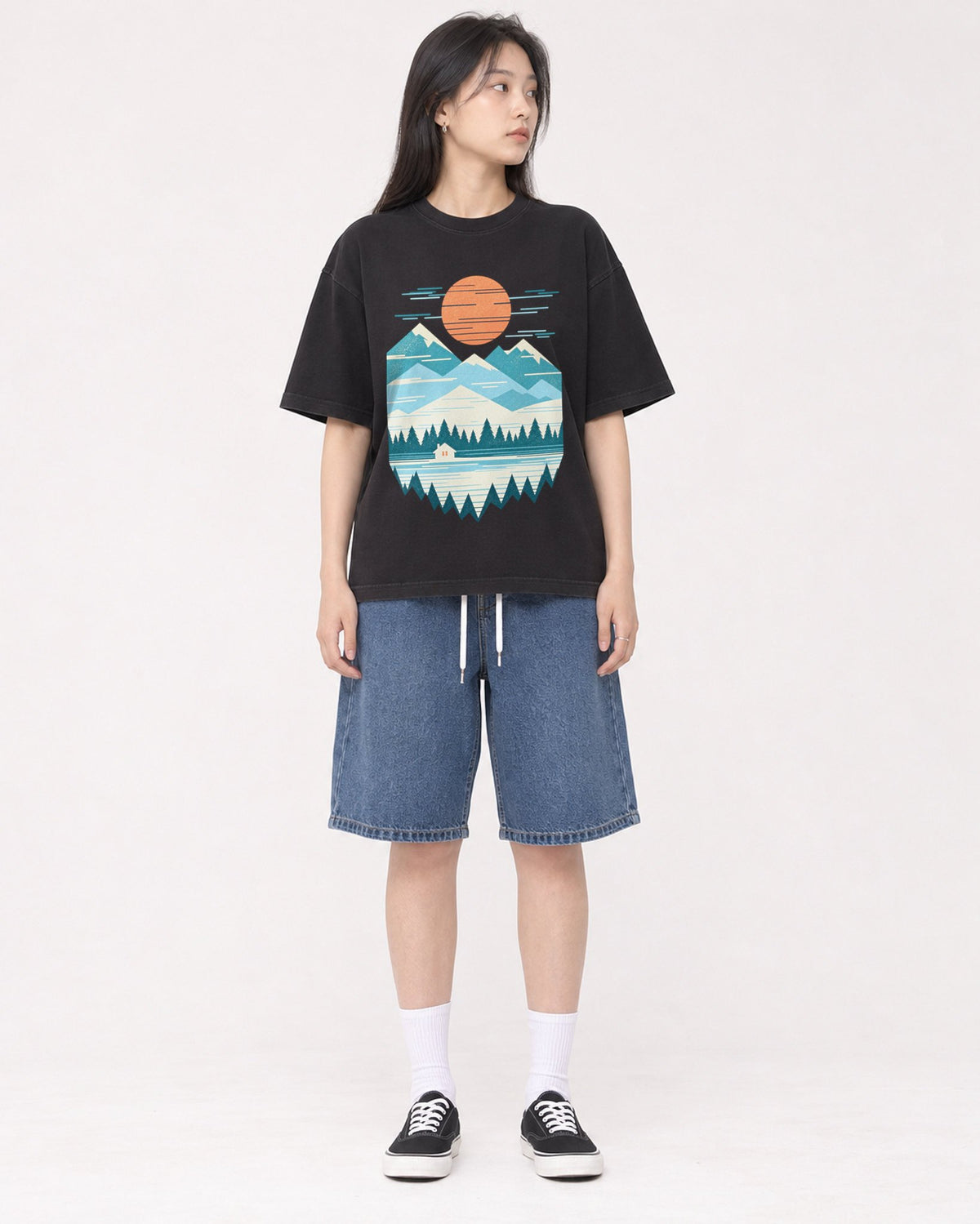 Mockup Boxy Heavyweight Tee Black female full-body 01