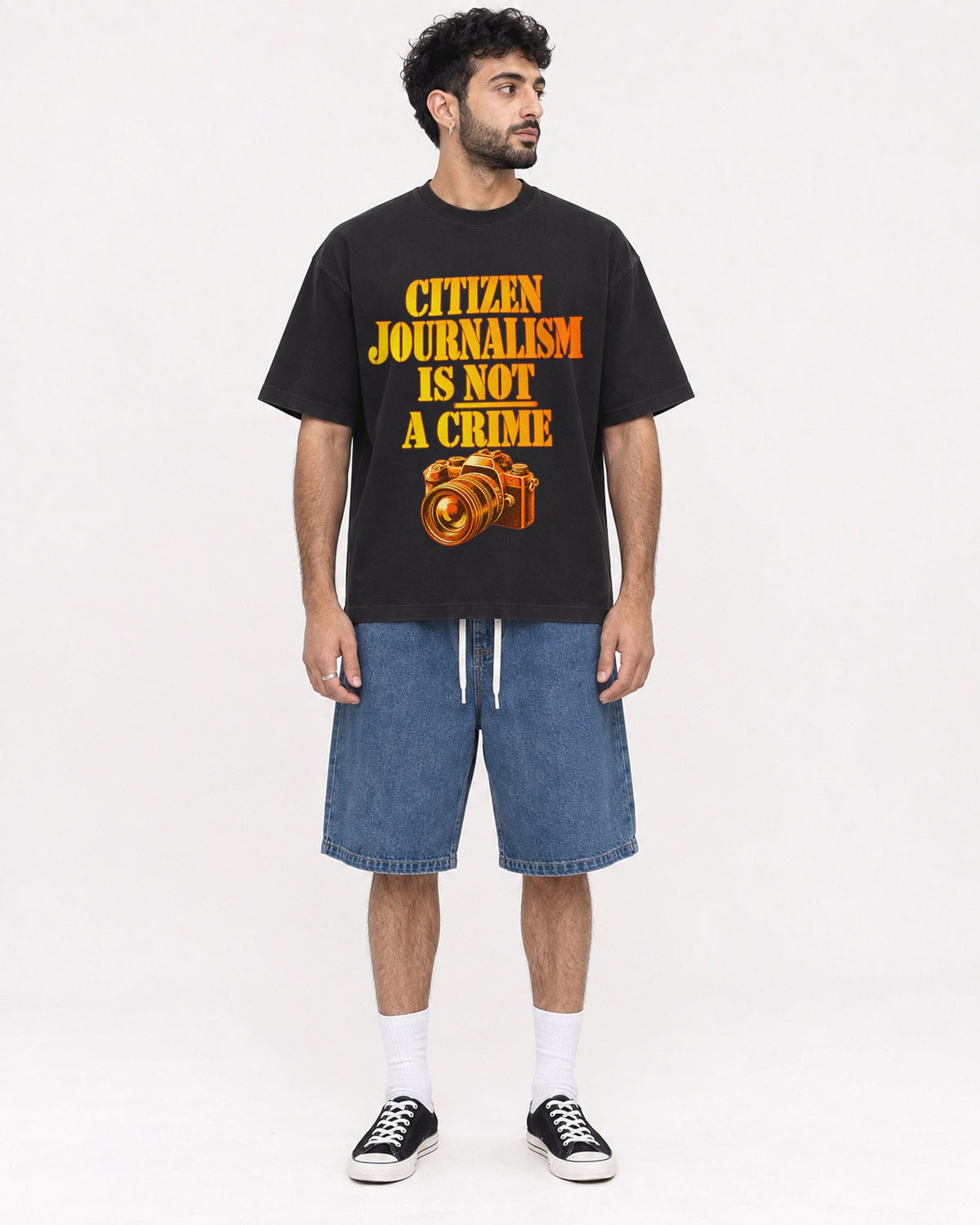 Mockup Boxy Heavyweight Tee Black male full-body 07