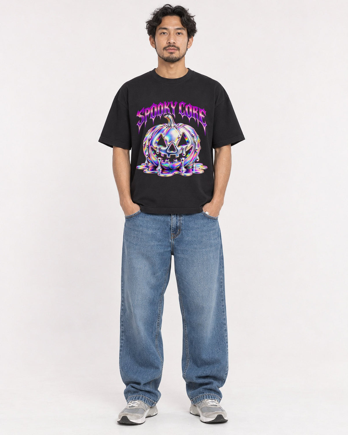 Mockup Boxy Heavyweight Tee Black male full-body 02