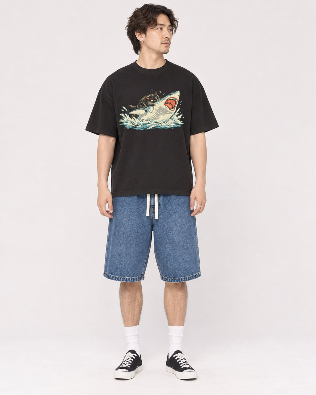 Mockup Boxy Heavyweight Tee Black male full-body 03