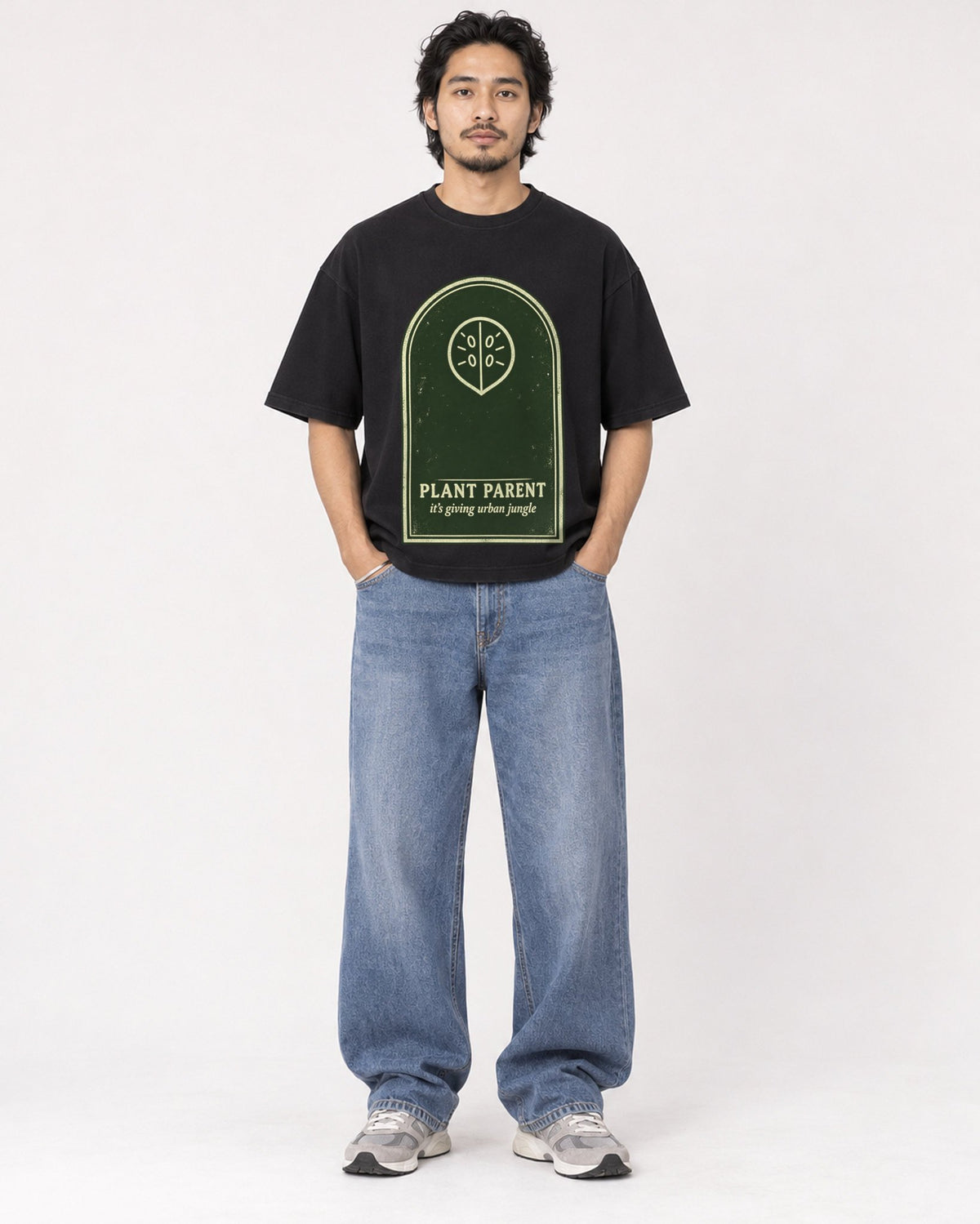 Mockup Boxy Heavyweight Tee Black male full-body 22