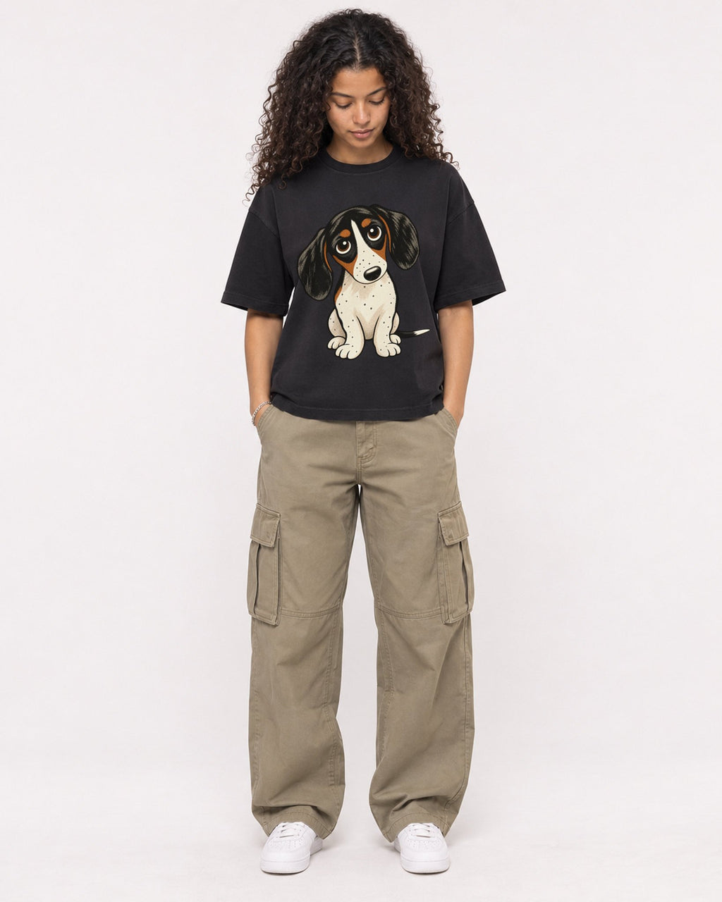 Mockup Boxy Heavyweight Tee Black female full-body 10