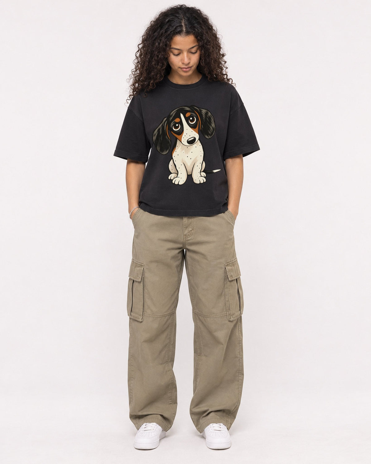 Mockup Boxy Heavyweight Tee Black female full-body 10