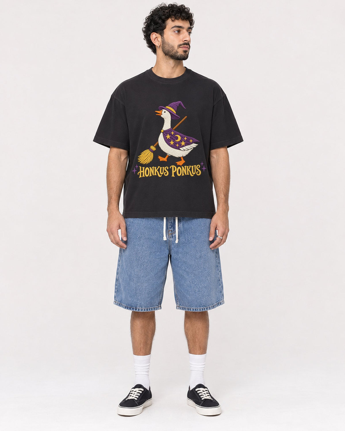 Mockup Boxy Heavyweight Tee Black male full-body 27