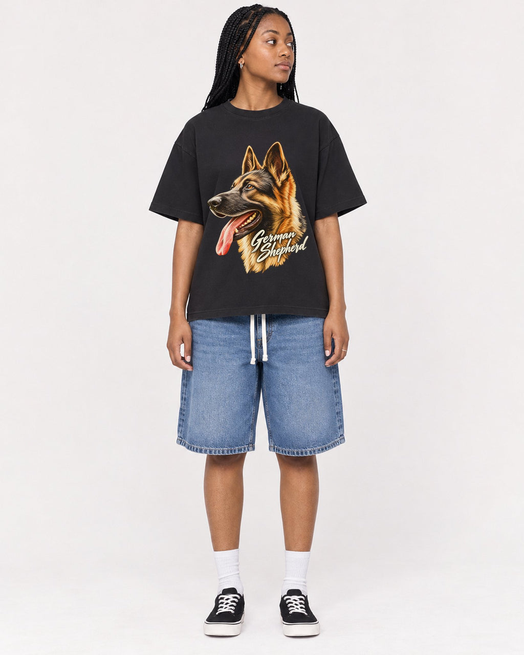 Mockup Boxy Heavyweight Tee Black female full-body 45