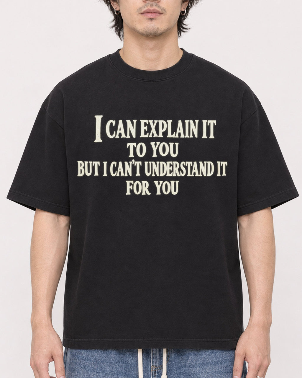 Mockup Boxy Heavyweight Tee Black male close-up 03