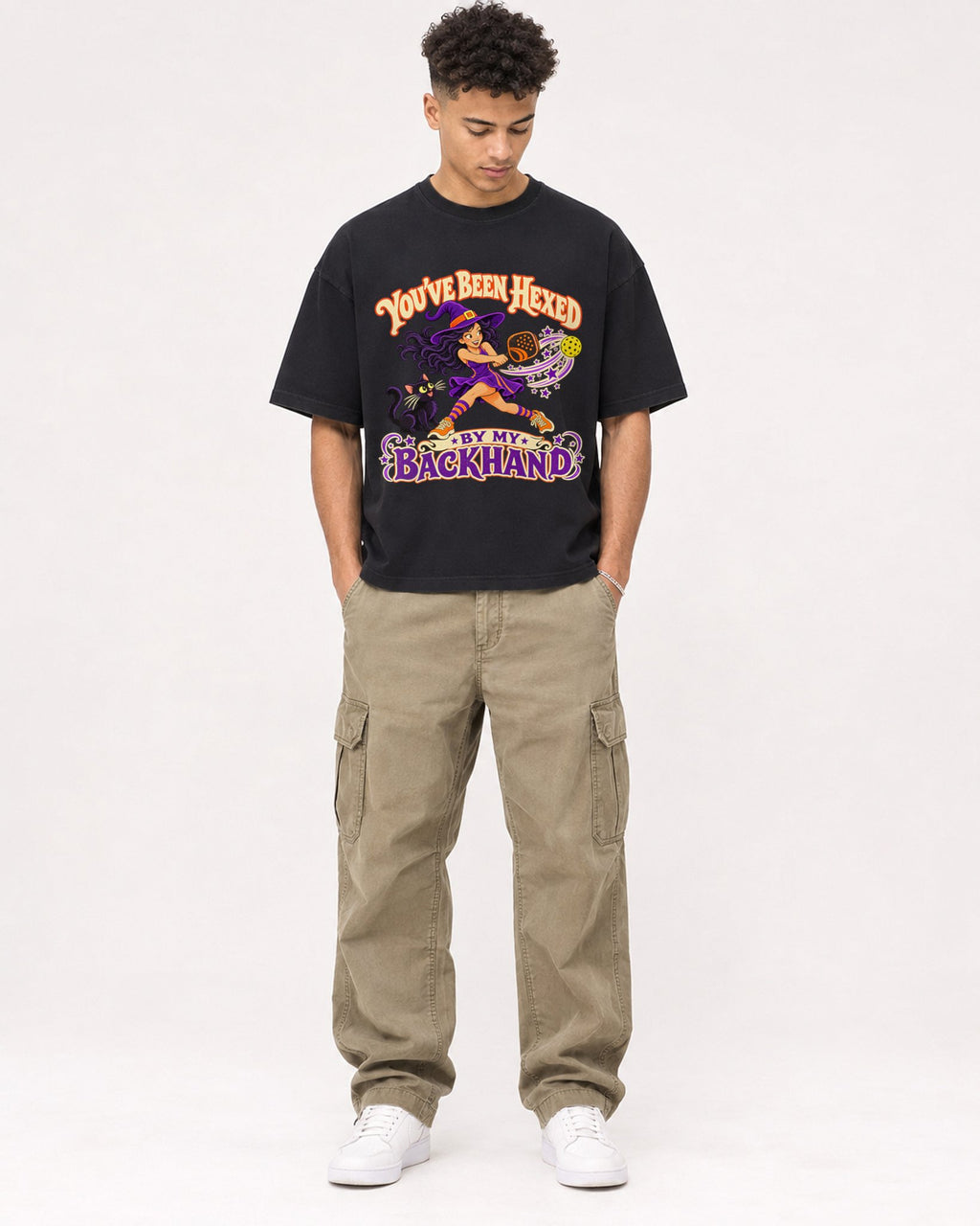 Mockup Boxy Heavyweight Tee Black male full-body 20