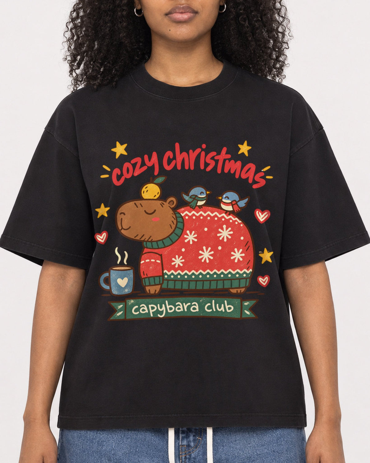 Mockup Boxy Heavyweight Tee Black female close-up 05