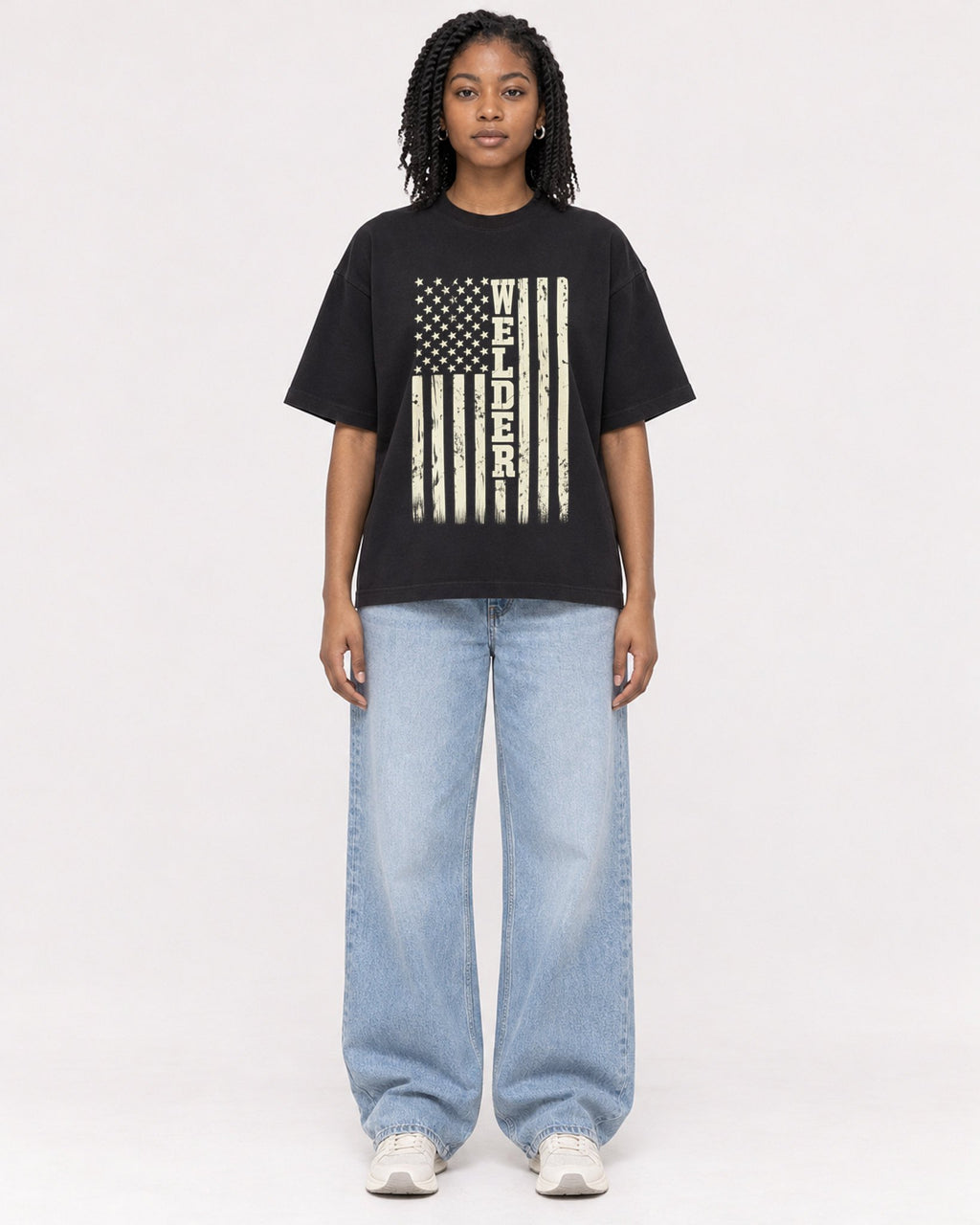 Mockup Boxy Heavyweight Tee Black female full-body 15