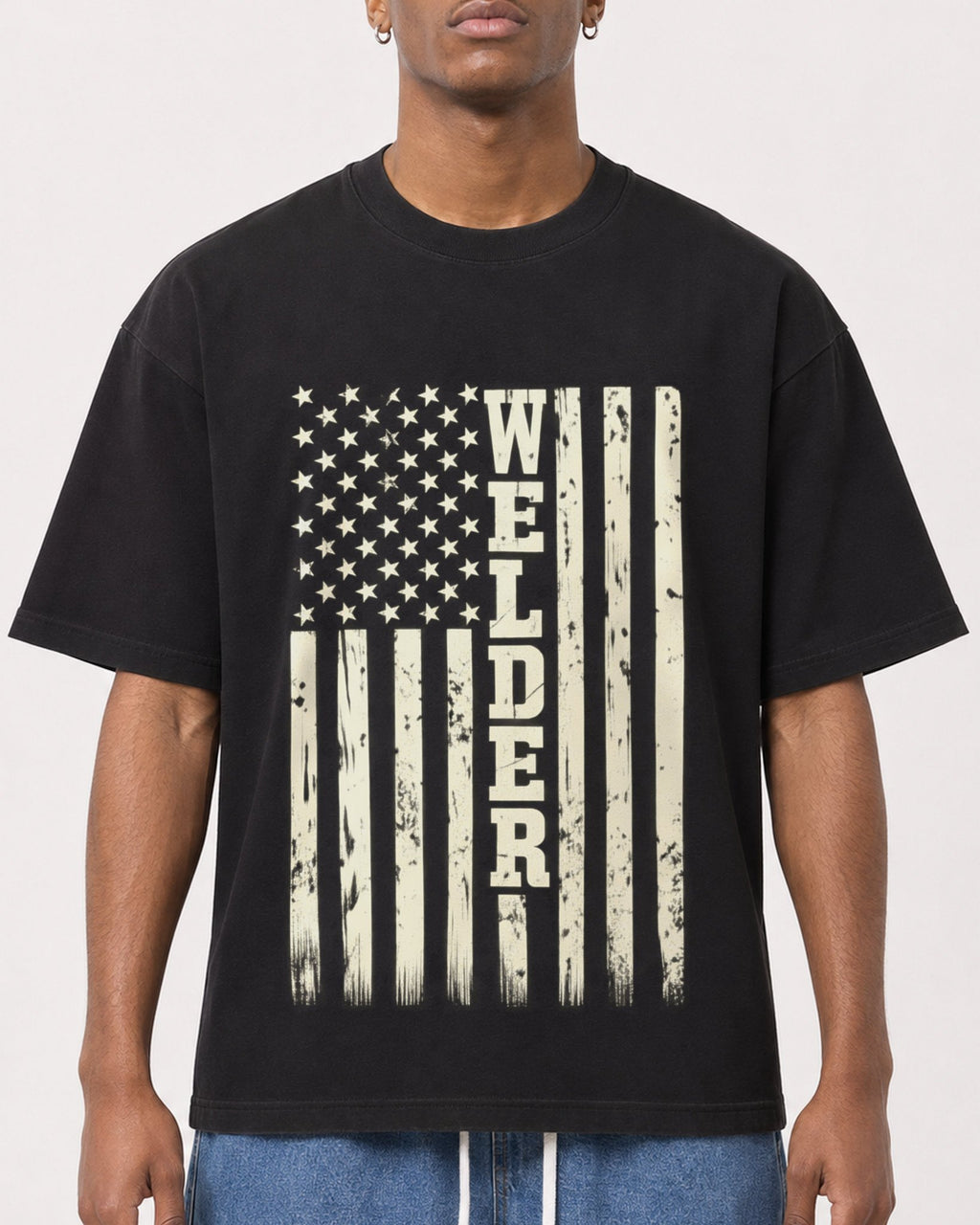 Mockup Boxy Heavyweight Tee Black male close-up 15