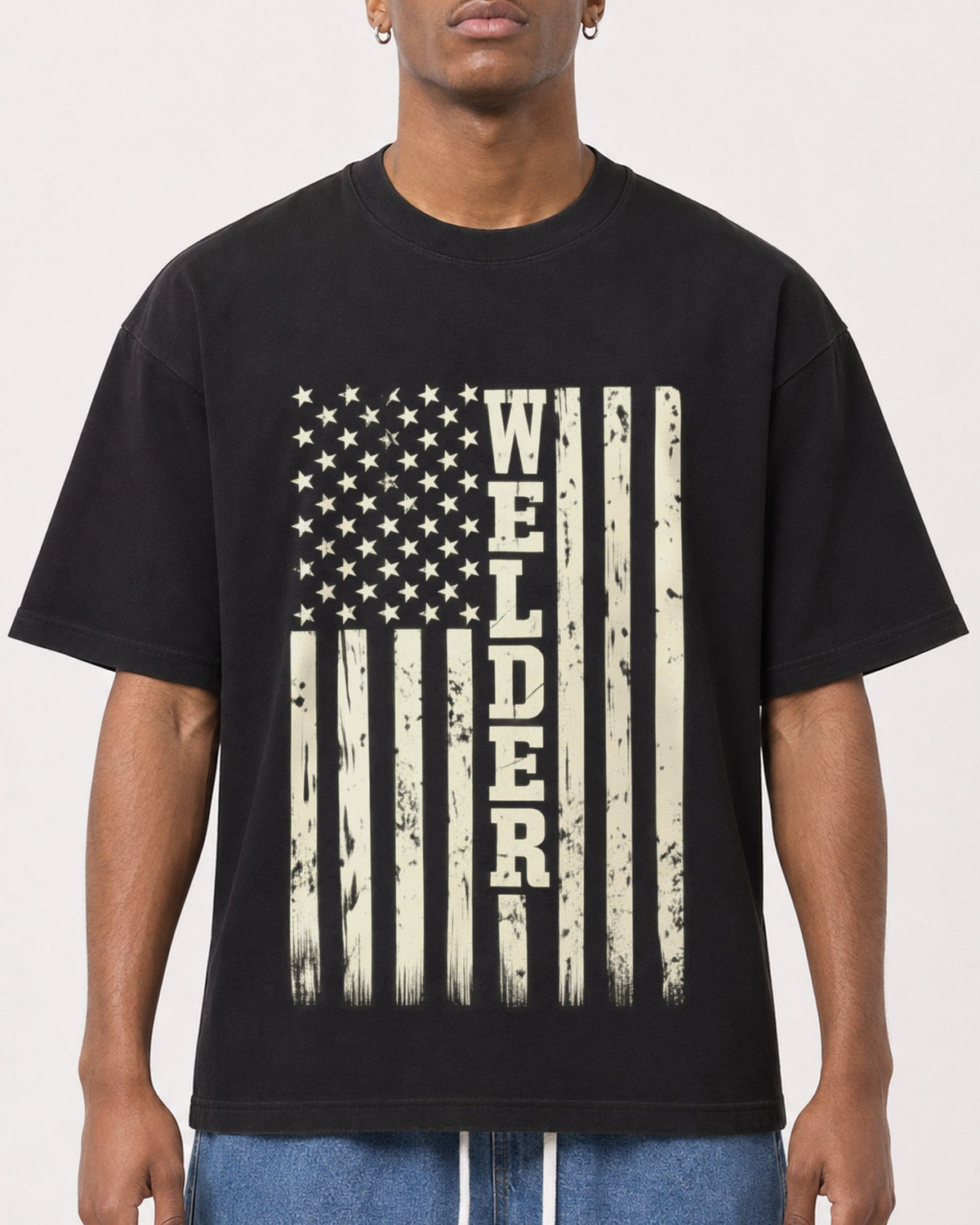 Mockup Boxy Heavyweight Tee Black male close-up 15