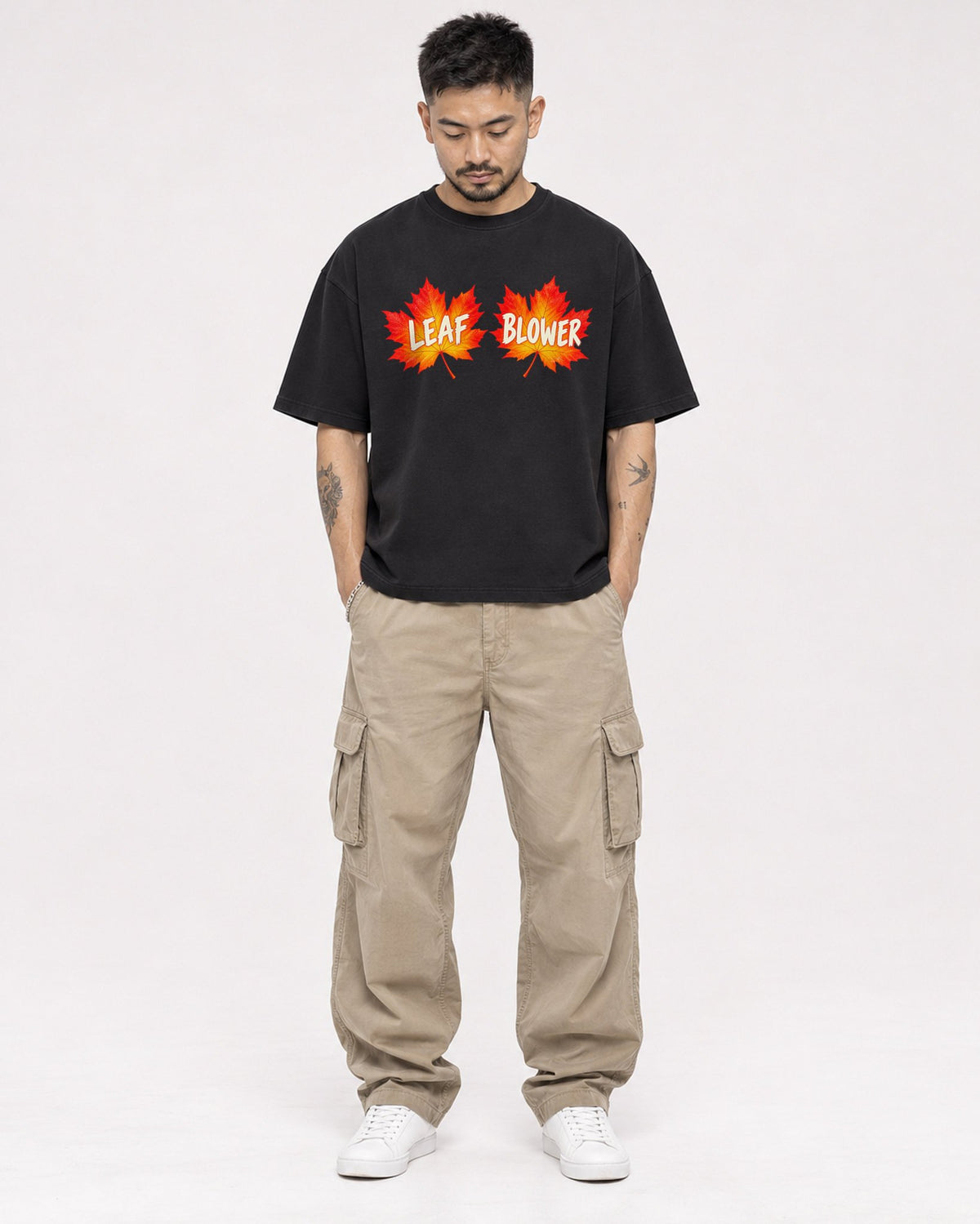 Mockup Boxy Heavyweight Tee Black male full-body 12